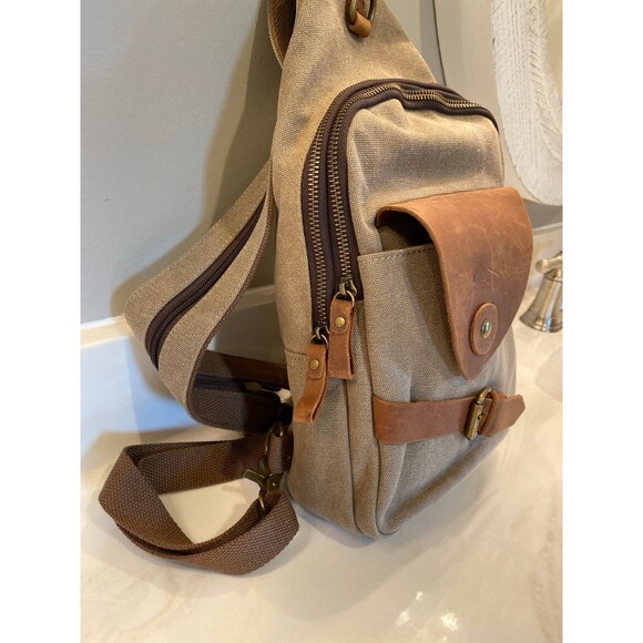 KL928 Canvas & Leather Bag Sling Crossbody Backpack Purse Multi compartment - Picture 4 of 12